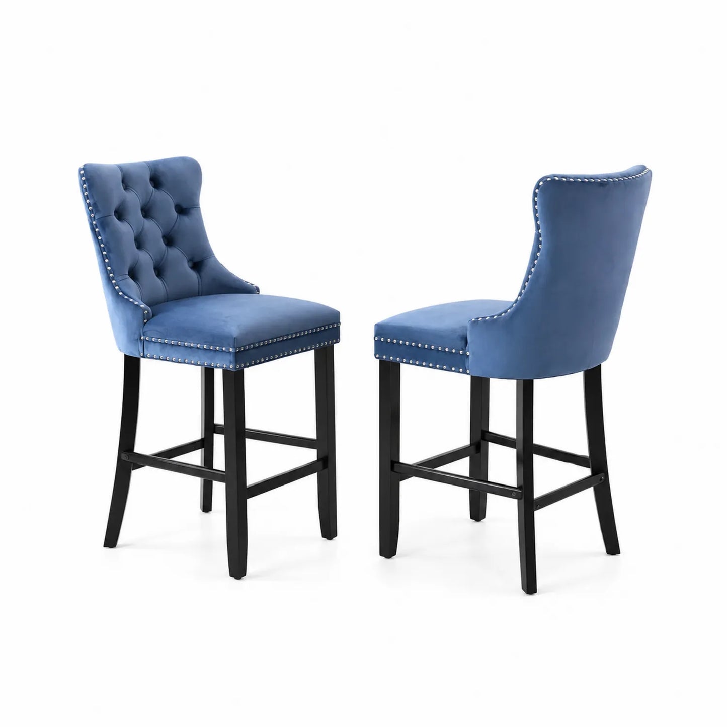 Samthocker 2er Set Blau mit Holzbeinen