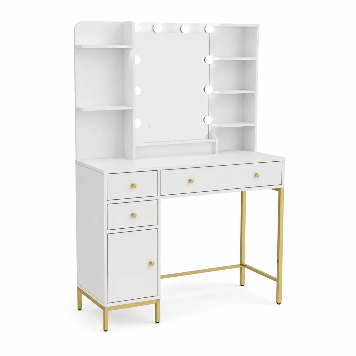 Schminktisch aus MDF und Metall mit Spiegel und LED Weiß Gold