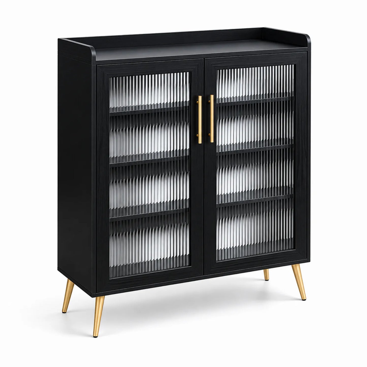 Schuhschrank mit gerilltem Glas und Metallbeinen Schwarz/Gold