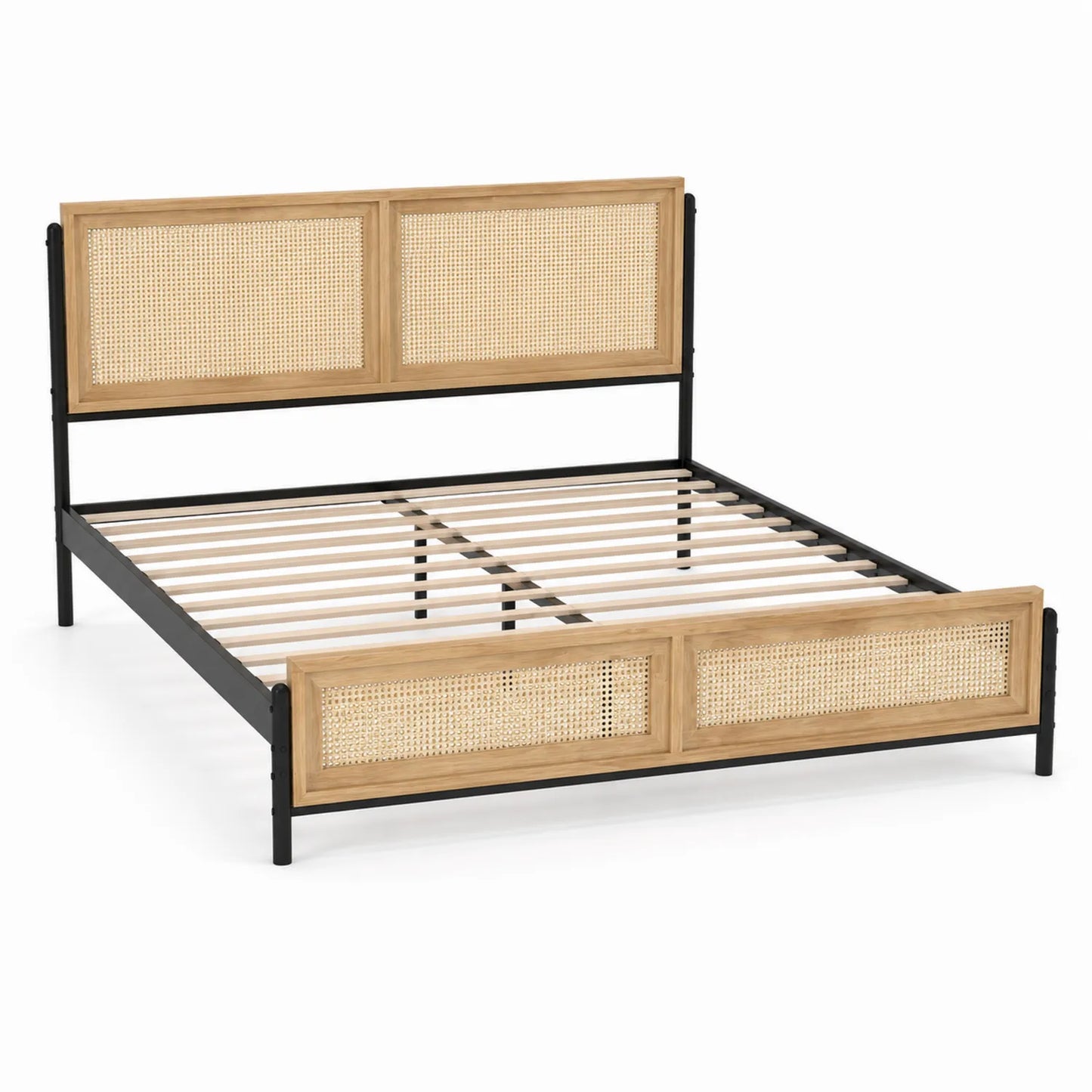 Rattan-Metallbett 200x160 cm Natur/Schwarz