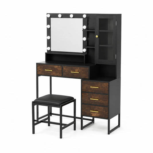 Schminktisch Set Holz Metall Schwarz Braun mit LED