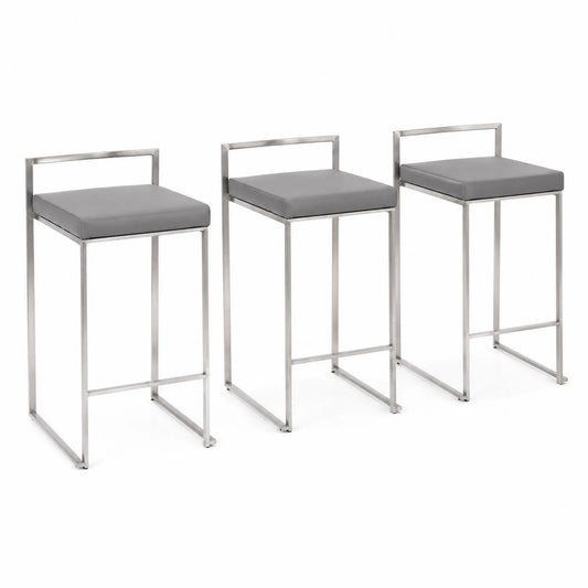 Set von 3 Barhockern mit Metallrahmen und Kunstledersitz Grau
