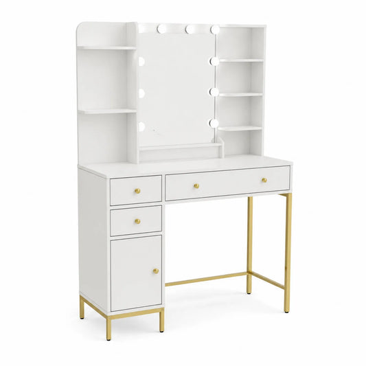 Schminktisch aus MDF und Metall mit Spiegel und LED Weiß Gold