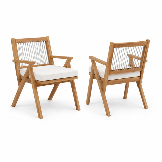 2er Set Outdoor Stühle Akazienholz mit Polyesterseil und Kissen