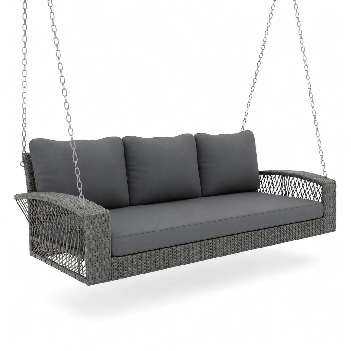 Rattan Hängesofa 3-Sitzer mit Stahlrahmen und Polyesterkissen Grau