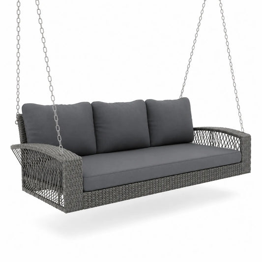 Rattan Hängesofa 3-Sitzer mit Stahlrahmen und Polyesterkissen Grau
