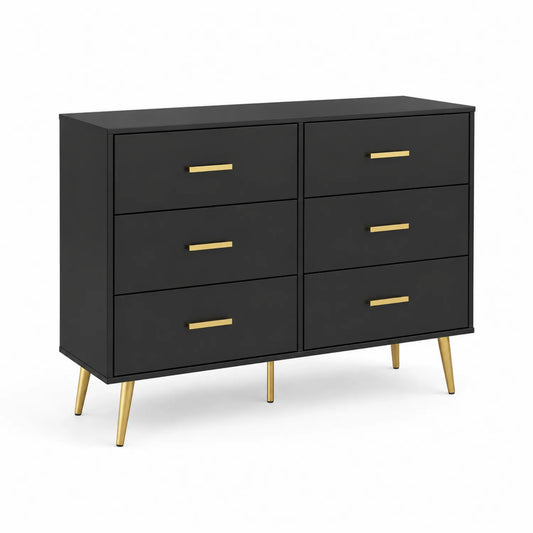 Kommode mit 6 Schubladen Schwarz und Gold MDF und Metall 120x80x40 cm