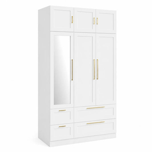 Kleiderschrank mit Spiegel und Schubladen Weiß Holzwerkstoff Metallgriffe