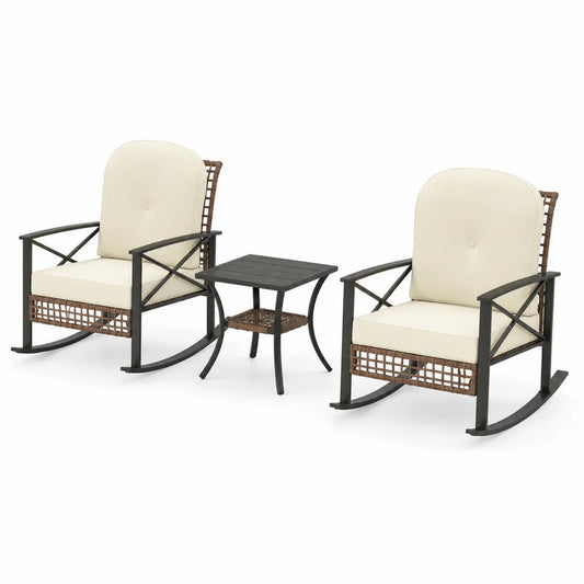3-teiliges Outdoor-Schaukelstuhl-Set aus Stahl und Rattan, Beige