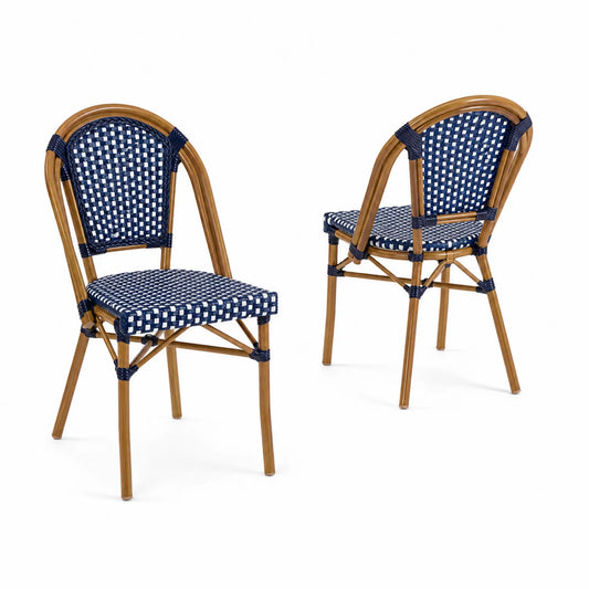 Bistro-Stühle aus Aluminium mit Polyethylengeflecht in Blau/Weiß