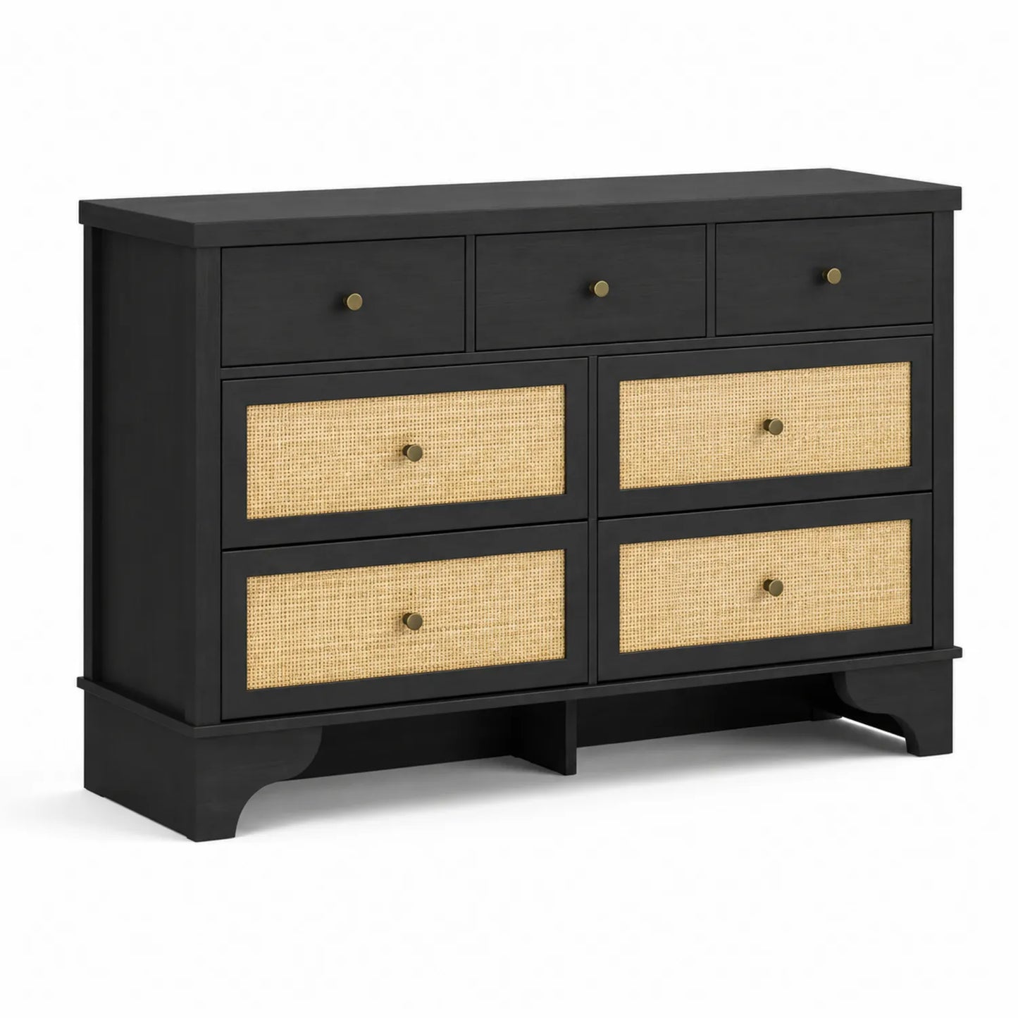 Kommode mit 7 Schubladen aus MDF und Rattan in Schwarz und Natur