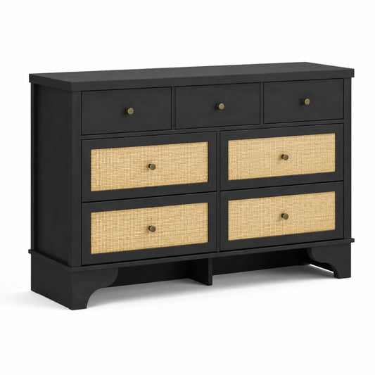 Kommode mit 7 Schubladen aus MDF und Rattan in Schwarz und Natur