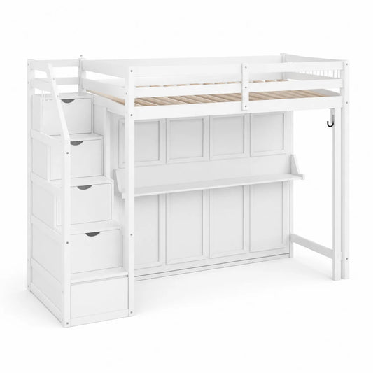 Hochbett mit Treppe und Schubladen aus Kiefernholz Weiß