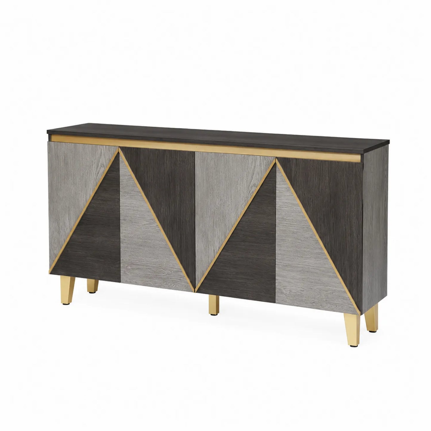 Sideboard aus Holzfurnier mit geometrischem Muster und Goldakzenten