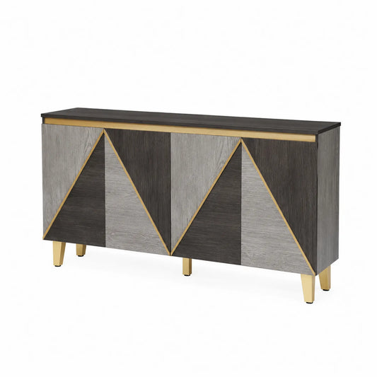 Sideboard aus Holzfurnier mit geometrischem Muster und Goldakzenten