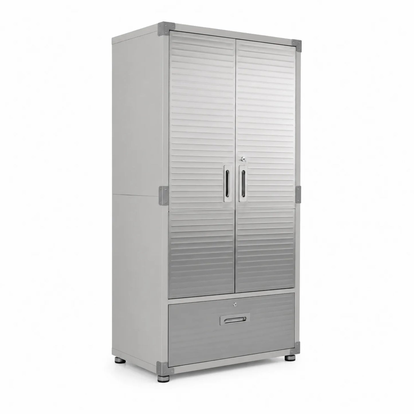 Metallschrank mit Doppeltüren und Schublade aus Aluminium